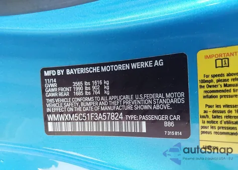 2015 Mini Hardtop Cooper z USA, uszkodzony, nr VIN WMWXM5C51F3A57824